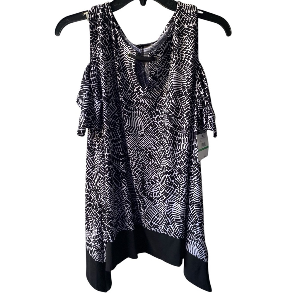 RAFAELLA WOMEN’S BLACK/WHITE COLD SHOULDER BLOUSE SIZE L
